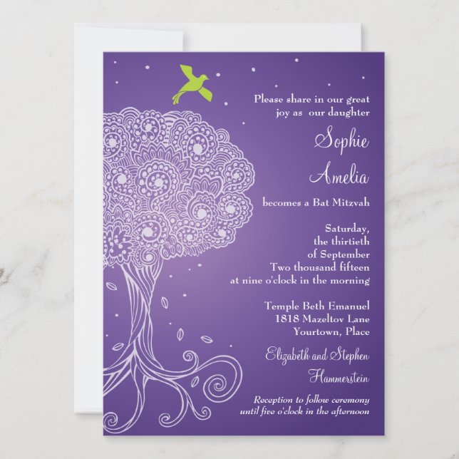 Invitación Árbol ornato de la vida Morado Bat Mitzvah (Anverso)