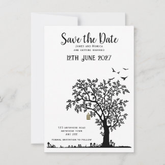 Invitación Árbol/Pájaro Simple Save the Date en Negro y Blanc