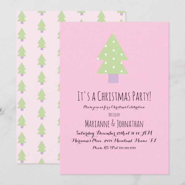 Invitación Árbol pastel rosa de fiesta de Navidad (Anverso / Reverso)