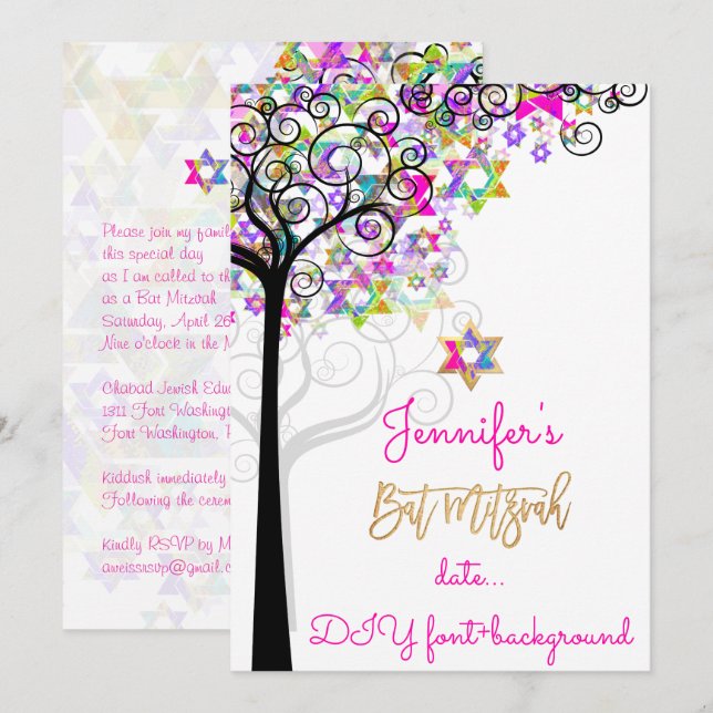 Invitación ÁRBOL PixDezines DE MITZVAH/NEON PINK (Anverso / Reverso)