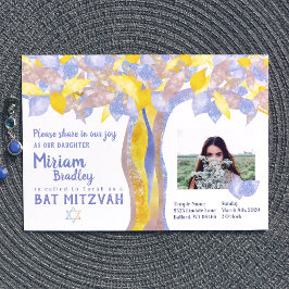Invitación Árbol Purpurina Azul y Oro Bat Mitzvah