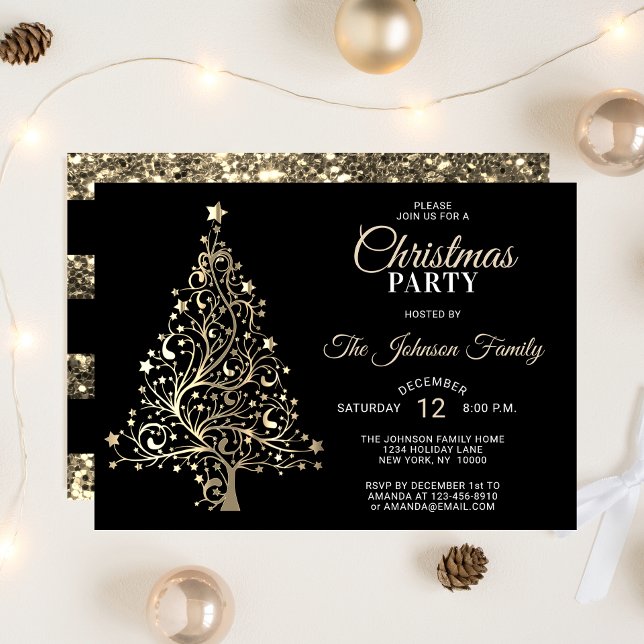 Invitación Árbol Purpurina de oro negro FIESTA navidades (CHRISTMAS PARTY Black Gold Glitter Tree Invitation)