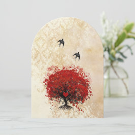 Invitación Árbol Rojo De Hoja Del Corazón Aves Vintage Té Man