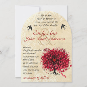 Invitación Árbol Rojo Hoja Corazón Bodas Pájaros Vintage