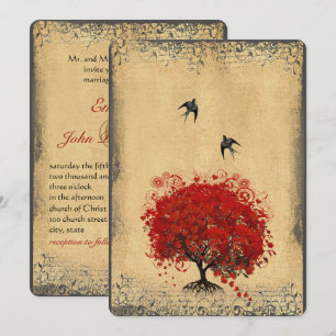 Invitación Árbol Rojo Hoja de Corazón Pájaros Vintage Papel B