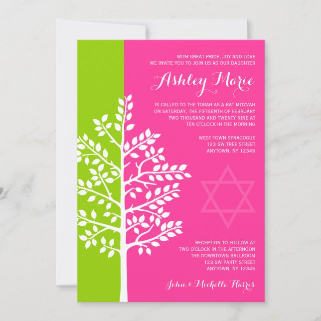 Invitación Árbol rosa verde de la vida murciélago Mitzvah (Anverso)