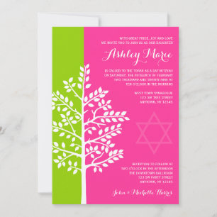 Invitación Árbol rosa verde de la vida murciélago Mitzvah