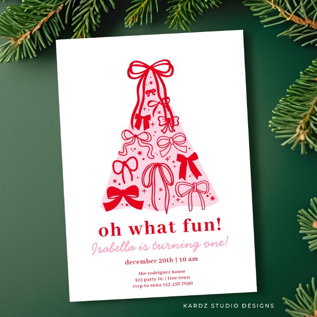 Invitación Arbol rosado y rojo moderno cede el primer cumplea (Invite shown in 5 x 7 inches, choose size, paper and corner style.)