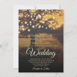 Invitación Árbol rústico con cadenas de luces elegante matrim