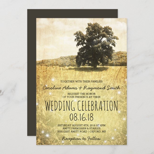 Invitación Árbol rústico en Boda encantado de luciérnagas (Anverso / Reverso)