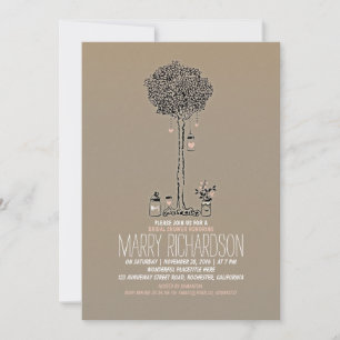 Invitación árbol rústico lindo y ducha de novia con jarras de