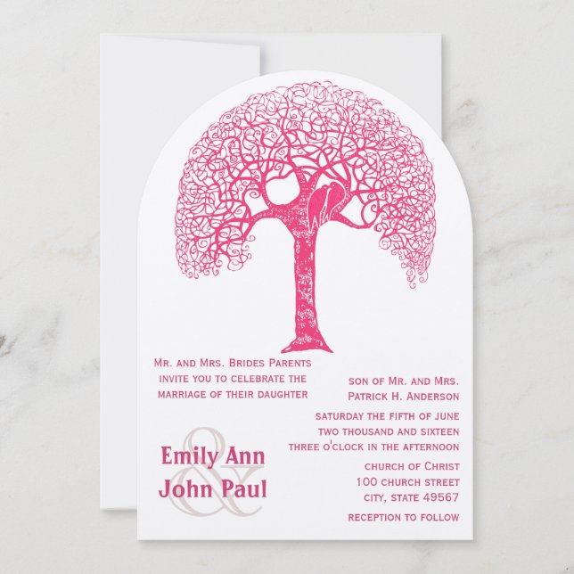 Invitación Árbol Rústico Rosa Amor Pájaro Boda Woodland (Anverso)