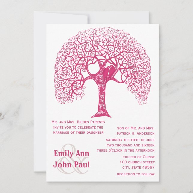 Invitación Árbol Rústico Rosa Amor Pájaro Boda Woodland (Anverso)