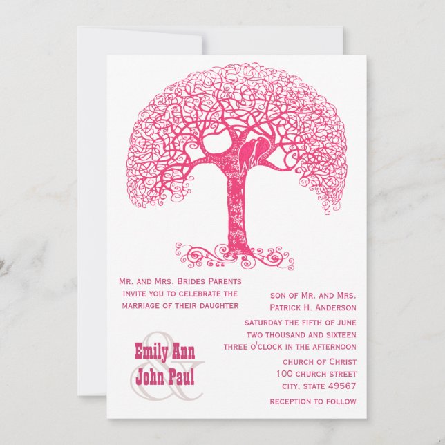Invitación Árbol Rústico Rosa Amor Pájaro Boda Woodland (Anverso)