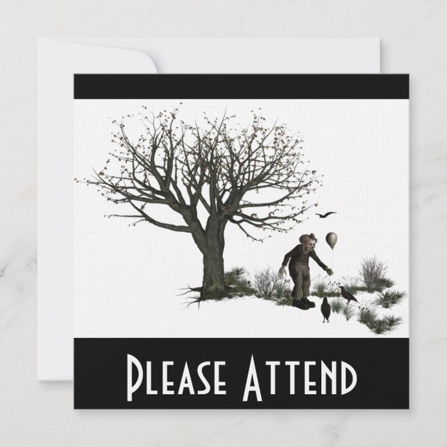 Invitación Árbol viejo del payaso del globo y pájaros negros (Anverso)