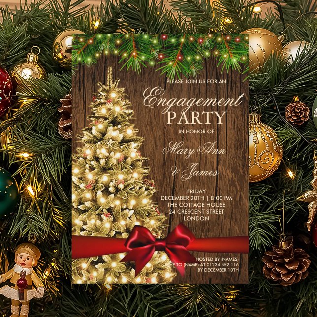 Invitación Árbol y cinta de opciones del partido de compromis (Rustic Christmas Engagement Party Tree & Ribbon Invitation)
