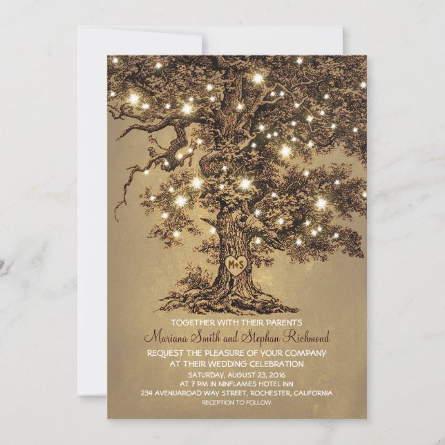 Invitación Árbol y cuerda iluminan matrimonio rústico de camp (Anverso)