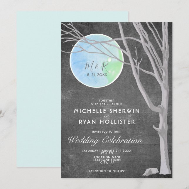 Invitación Árbol y Luna de Boda con Pizarra Rústica (Anverso / Reverso)
