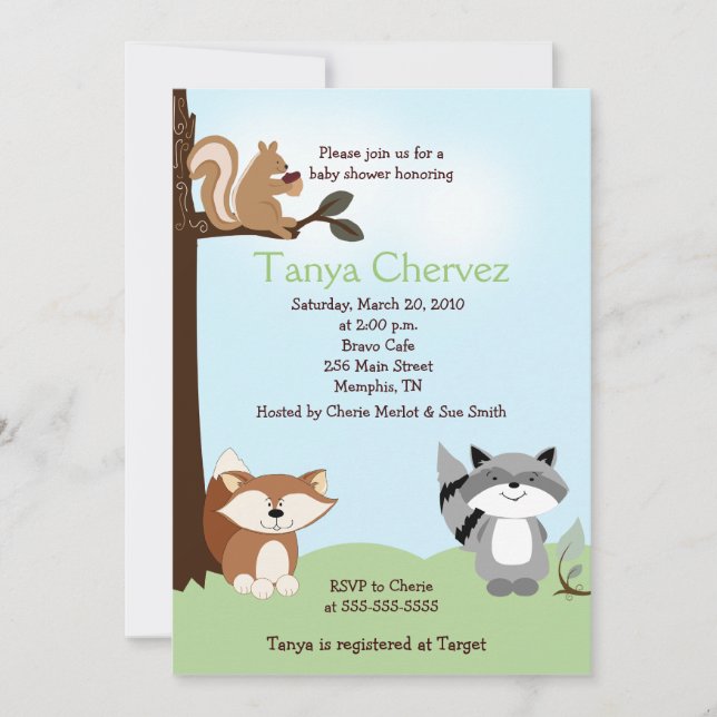 Invitación Arbolado encantado Baby Shower 5x7 de los animales (Anverso)