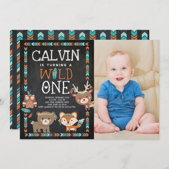 Invitación Arbolado tribal, el SALVAJE, 1r cumpleaños (Anverso / Reverso)