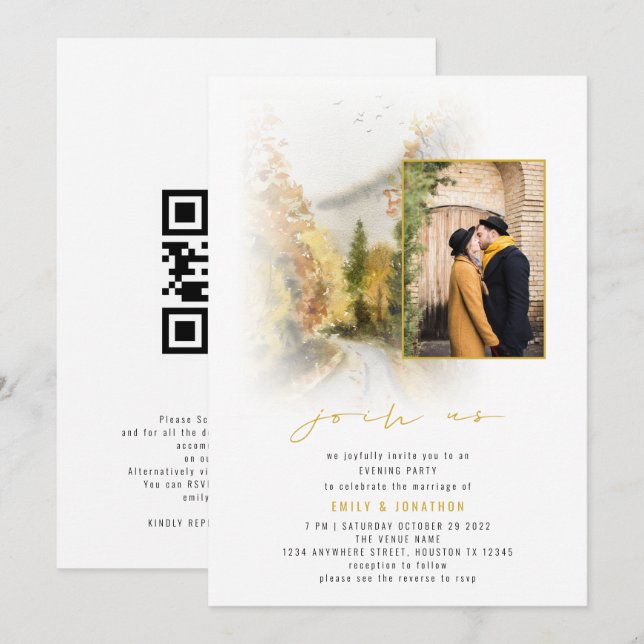 Invitación Árboles acuarelas Foto QR Únete a Boda de la noche (Anverso / Reverso)