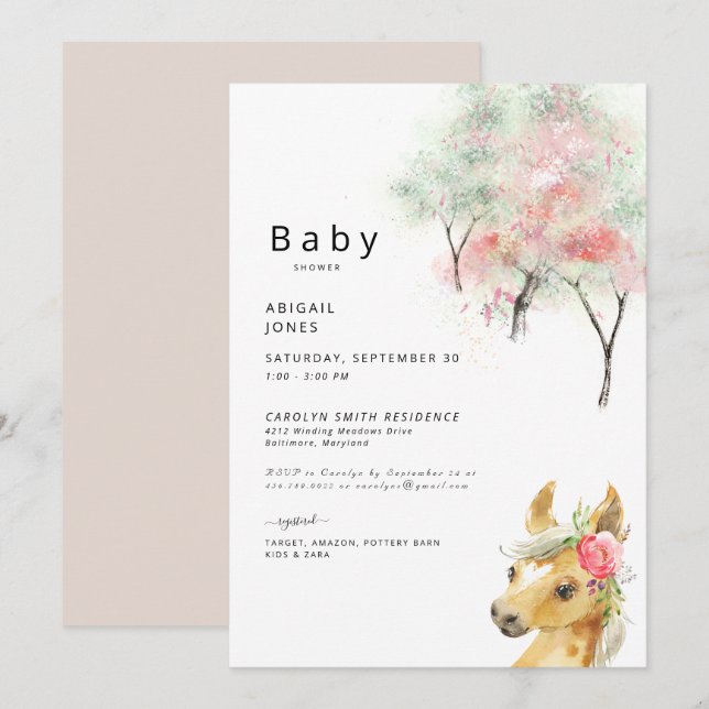 Invitación Árboles acuarelas y Baby Shower Pony Rosa (Anverso / Reverso)