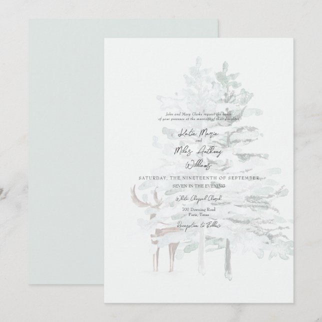 Invitación Árboles acuarelas y Boda de venados de Woodland (Anverso / Reverso)