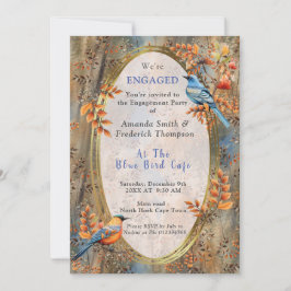 Invitación Árboles altos, hojas otoñales y aves azules.