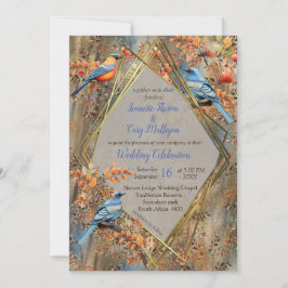 Invitación Árboles altos, hojas otoñales y aves azules.