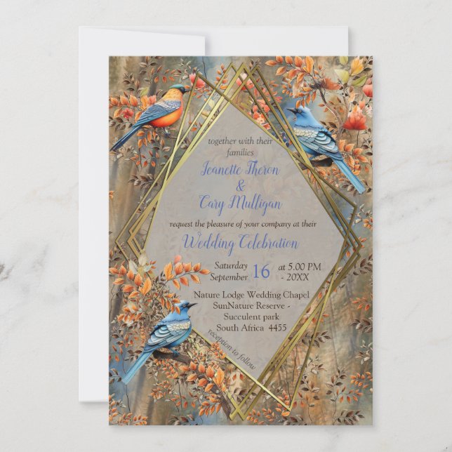 Invitación Árboles altos, hojas otoñales y aves azules. (Anverso)
