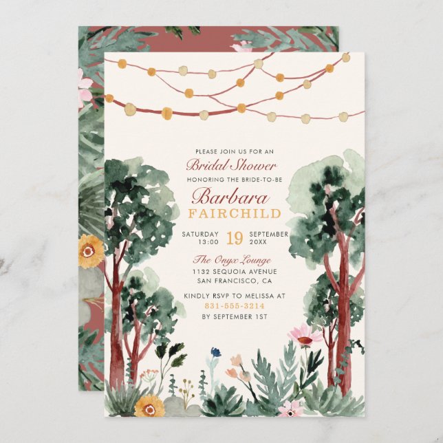 Invitación Árboles Botánicos Verdes Rústicos Ducha Bridal Úni (Anverso / Reverso)