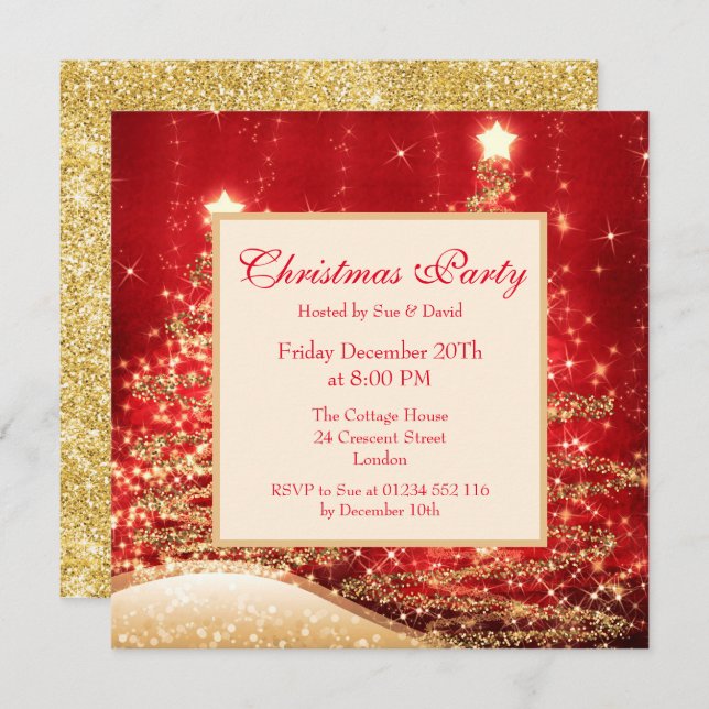 Invitación Árboles brillantes de la fiesta de Navidad rojos c (Anverso / Reverso)