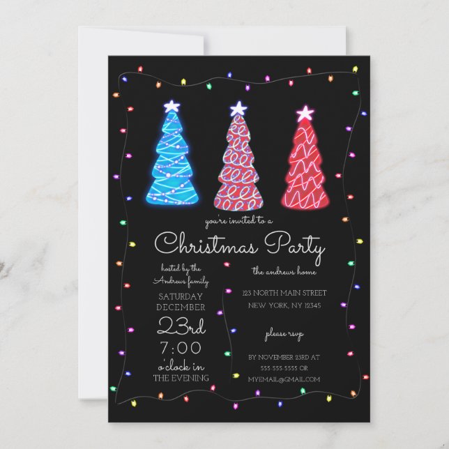 Invitación Árboles brillantes iluminan Navidades fronterizos (Anverso)