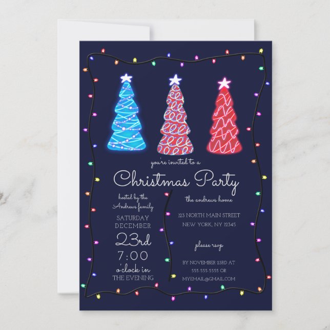Invitación Árboles brillantes iluminan Navidades fronterizos (Anverso)