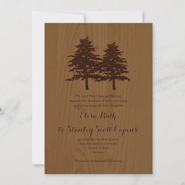 Invitación Árboles de coníferas en boda de madera marrón (Anverso)