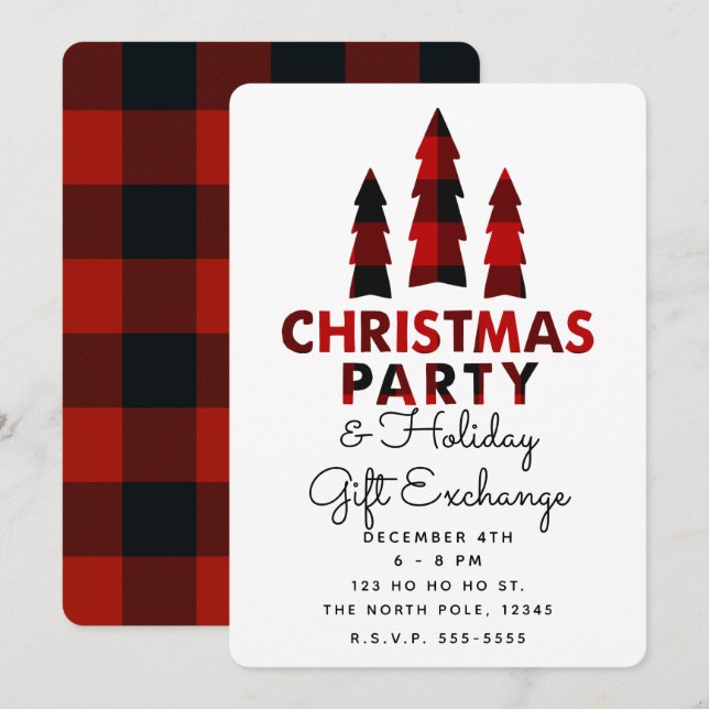 Invitación Árboles de Navidad a cuadros Fiesta de intercambio (Anverso / Reverso)