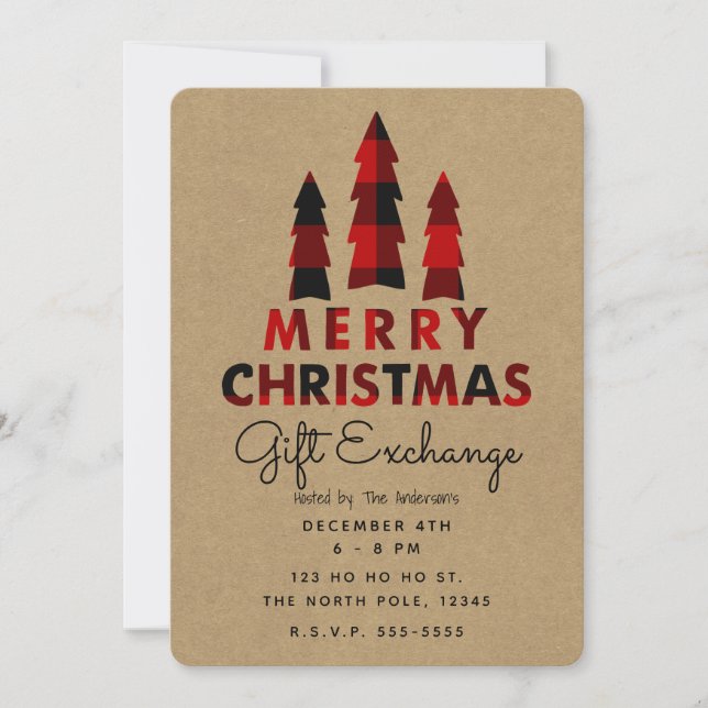 Invitación Árboles de Navidad a Cuadros Kraft Intercambio de  (Anverso)