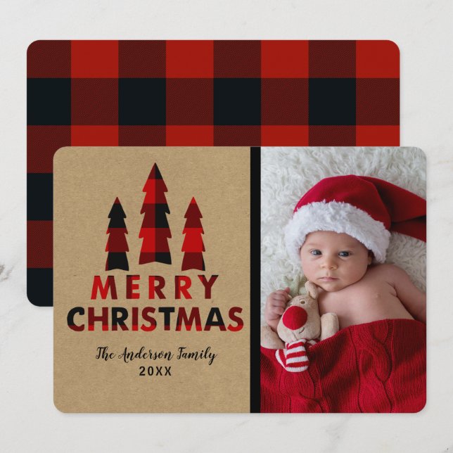 Invitación Árboles de Navidad Alegres Cuadros Rojos Kraft Fie (Anverso / Reverso)