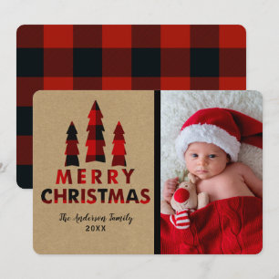 Invitación Árboles de Navidad Alegres Cuadros Rojos Kraft Fie
