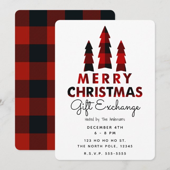 Invitación Árboles de Navidad Alegres Intercambio de Regalos  (Anverso / Reverso)