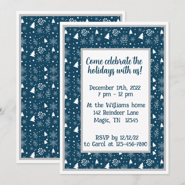 Invitación Árboles de Navidad azules y blancos, Fiesta de cop (Anverso / Reverso)