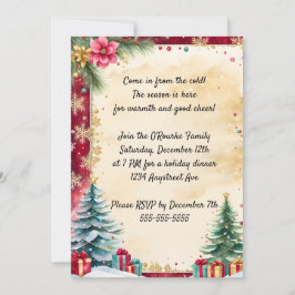 Invitación Árboles de Navidad y copos de nieve dorados
