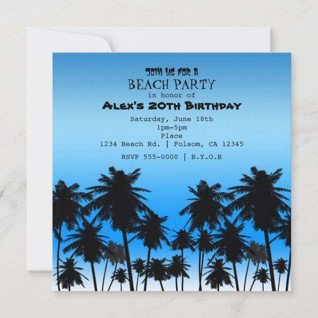 Invitación Árboles de Palma de Playa Cumpleaños Negro y Azul (Anverso)