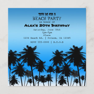 Invitación Árboles de Palma de Playa Cumpleaños Negro y Azul