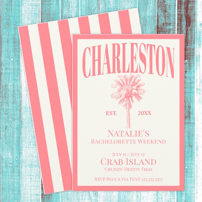 Invitación Árboles de palma rosada Charleston Bachelorette co (Subido por el creador)