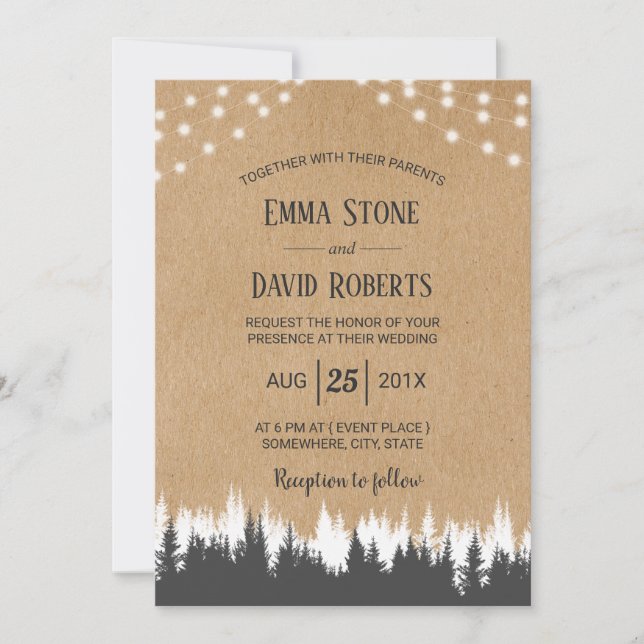 Invitación Árboles de pinos y cadenas rusticas Boda forestal (Anverso)