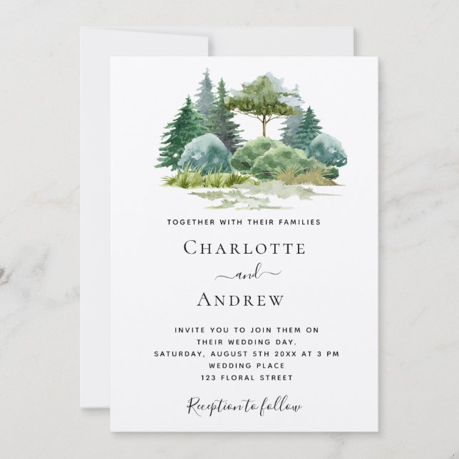 Invitación Árboles forestales de boda acuarela microbio (Anverso)