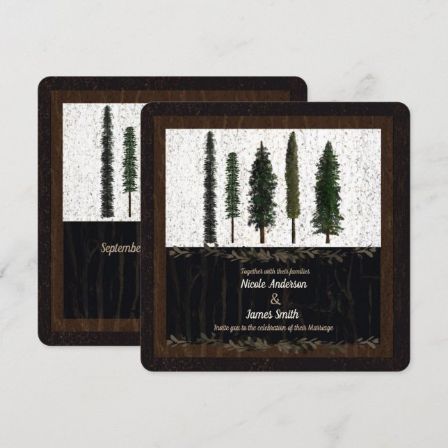 Invitación Árboles forestales verdes Boda de madera rústica (Anverso / Reverso)