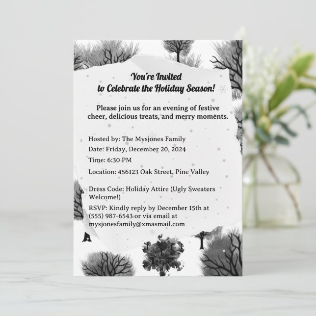 Invitación Árboles Minimalistas de vacaciones negras retro pe (Anverso de pie)