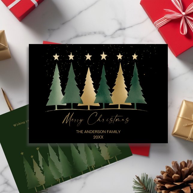 Invitación Árboles modernos de Navidad negros y dorados Minim (Black & Gold Minimalist Modern Christmas Trees Invitation)